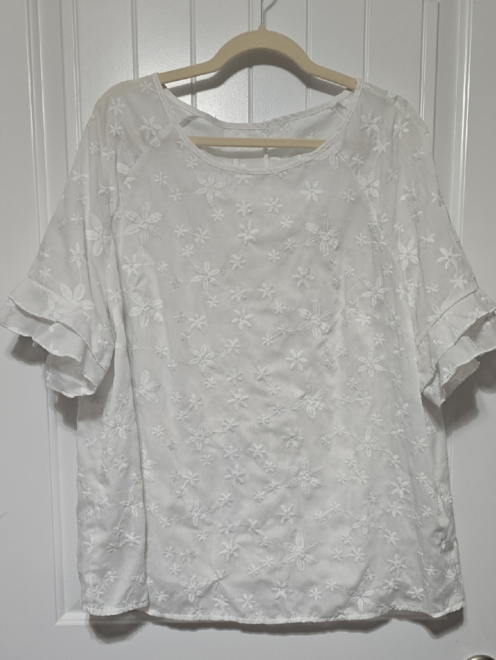 SHEIN White Floral Embroidered Ruffle Sleeve Blouse
